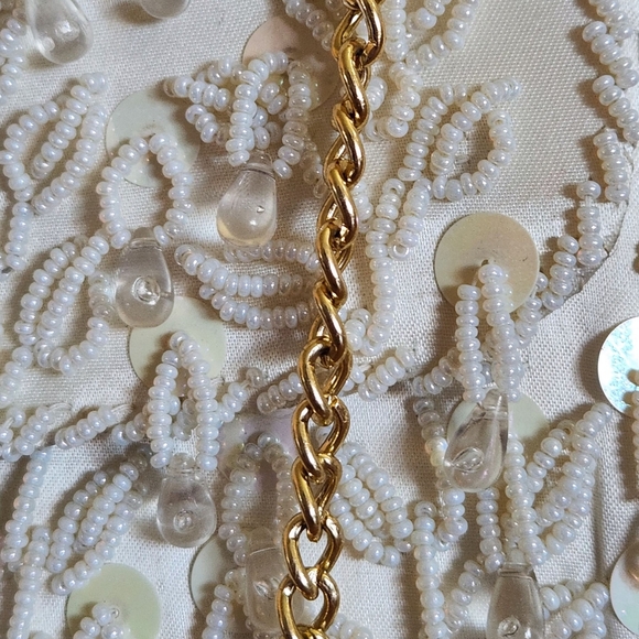 Chic Cream Beaded Clutch with Gold Chain - Picture 4 of 13